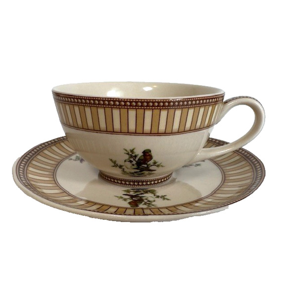 Burton & Burton Birds of Beauty Porcelain Tea Cup & Saucer Bird Center, Geo Rim - Picture 1 of 16